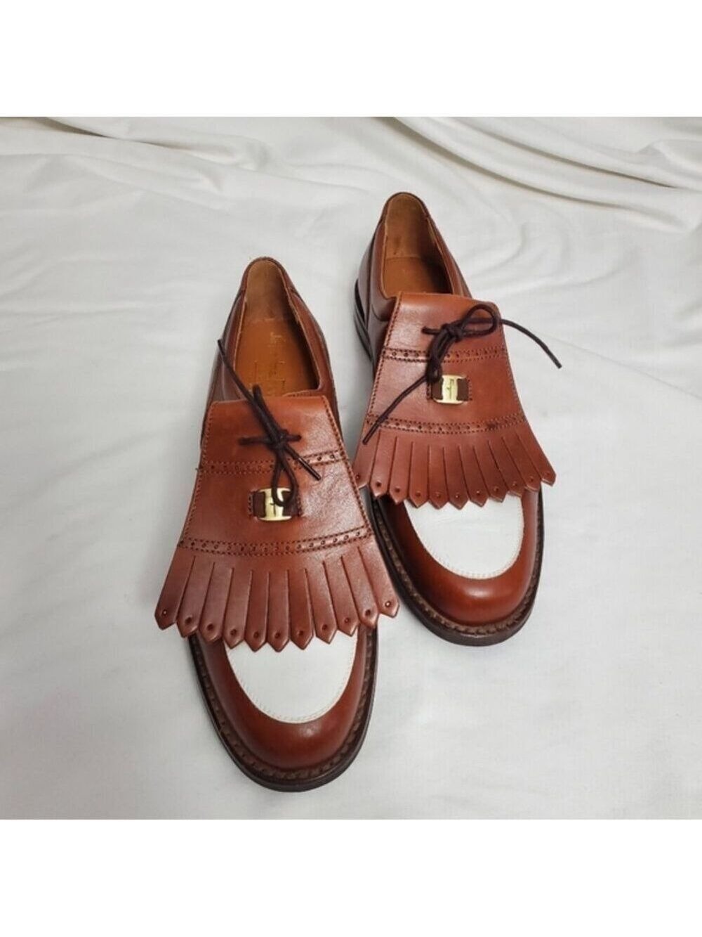 Salvatore Ferragamo Vintage Leather Kiltie Golf Shoes Tan & White - Picture 7 of 12